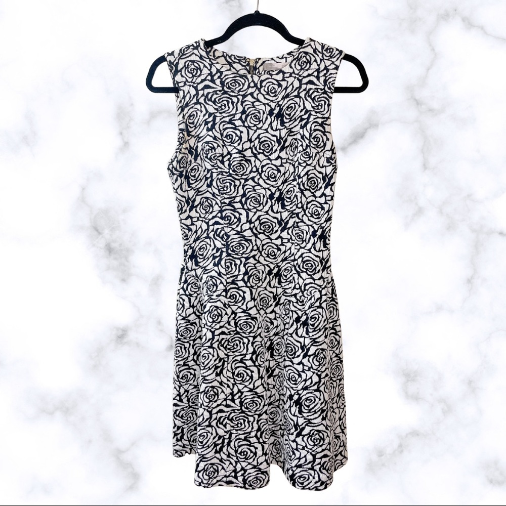 Black and White Rose Floral Fit and Flare Dress